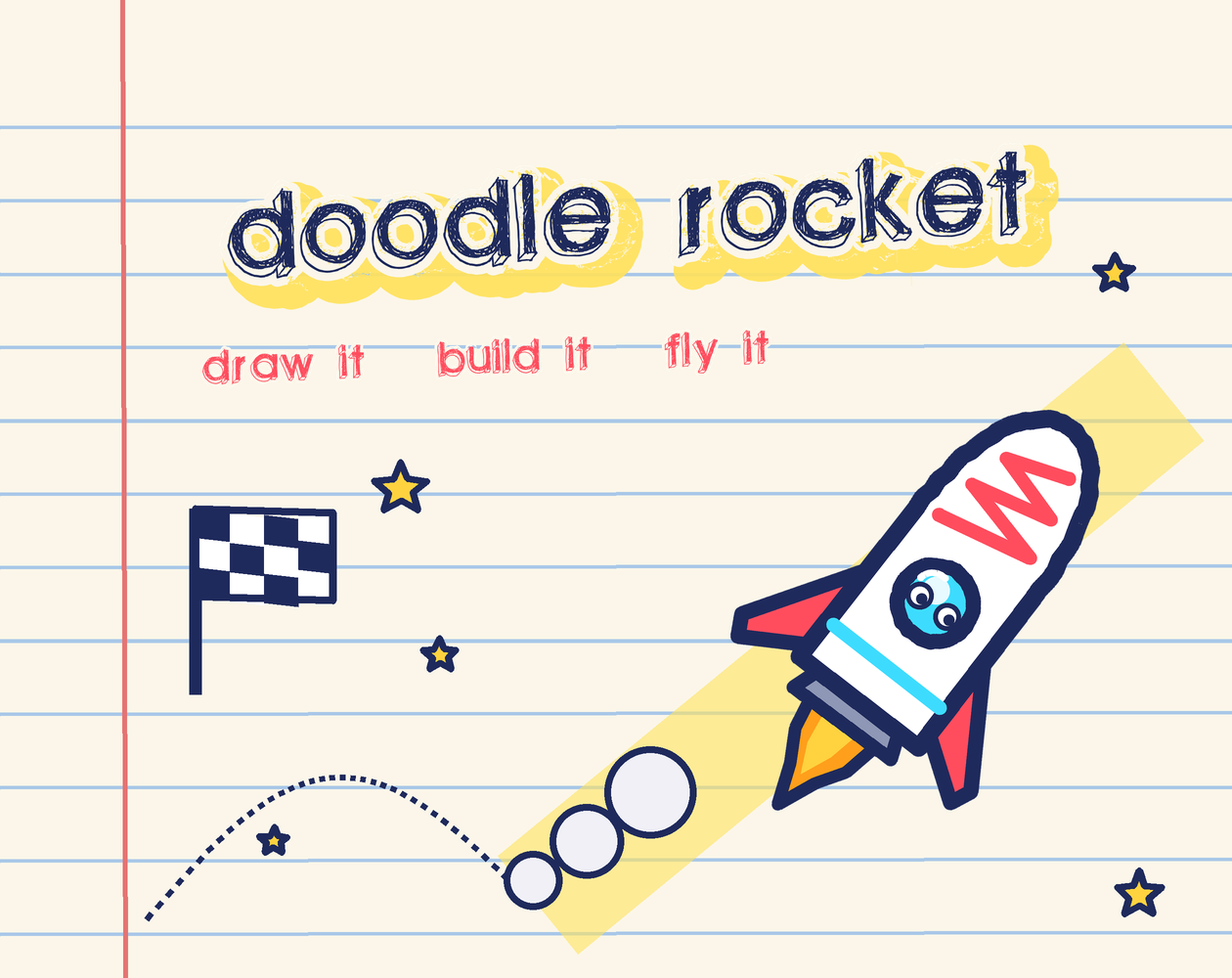 Doodle Rocket cover art: a doodled rocket flying over notebook paper