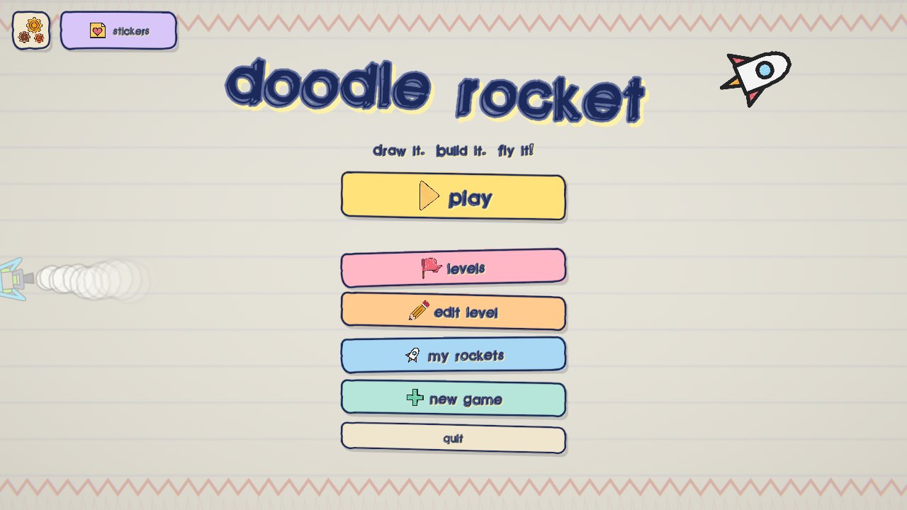 Main menu with doodle rockets flying past